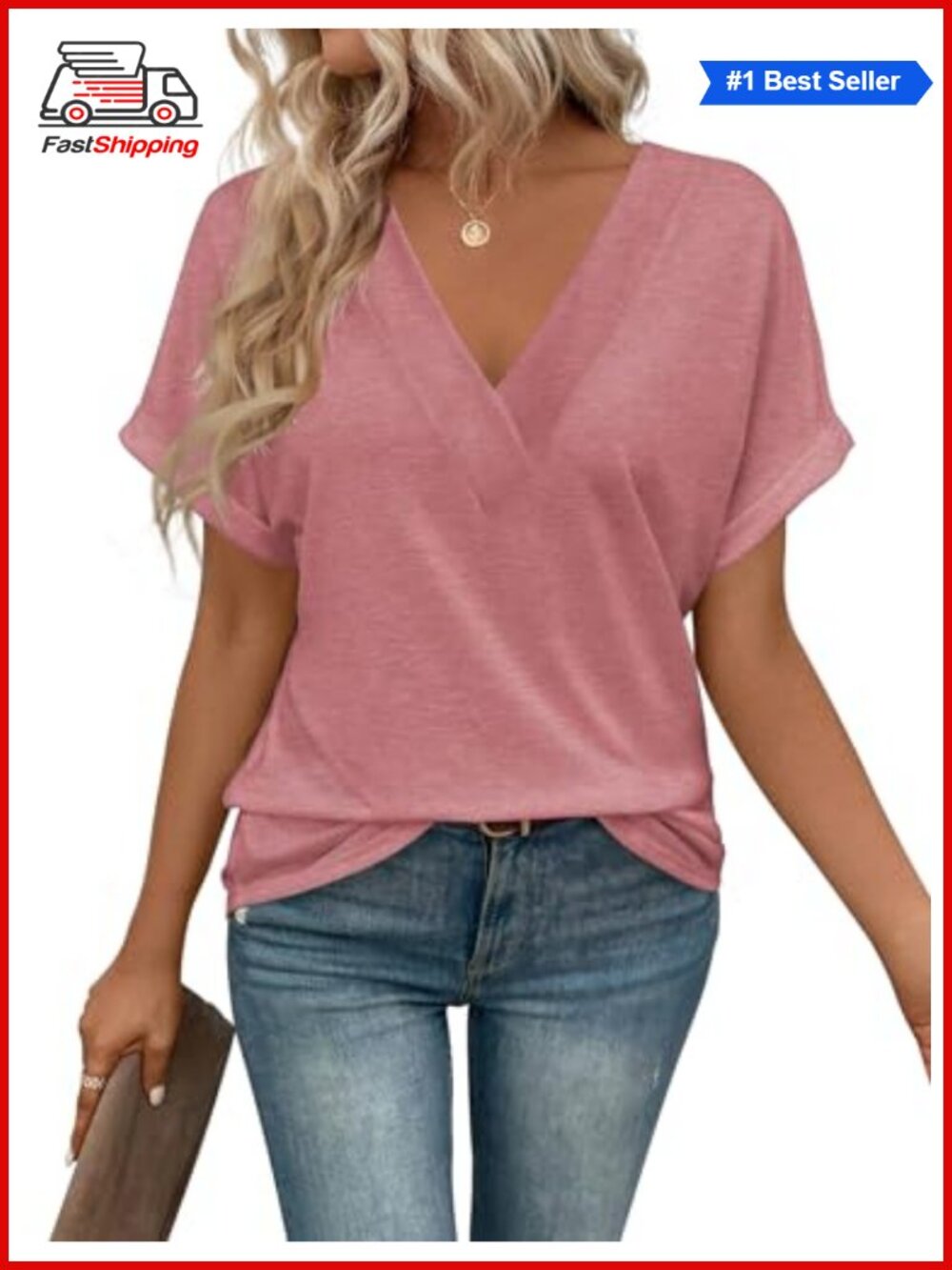 Womens V Neck Short Sleeve T Shirt Loose Fit Casual Summer Tee